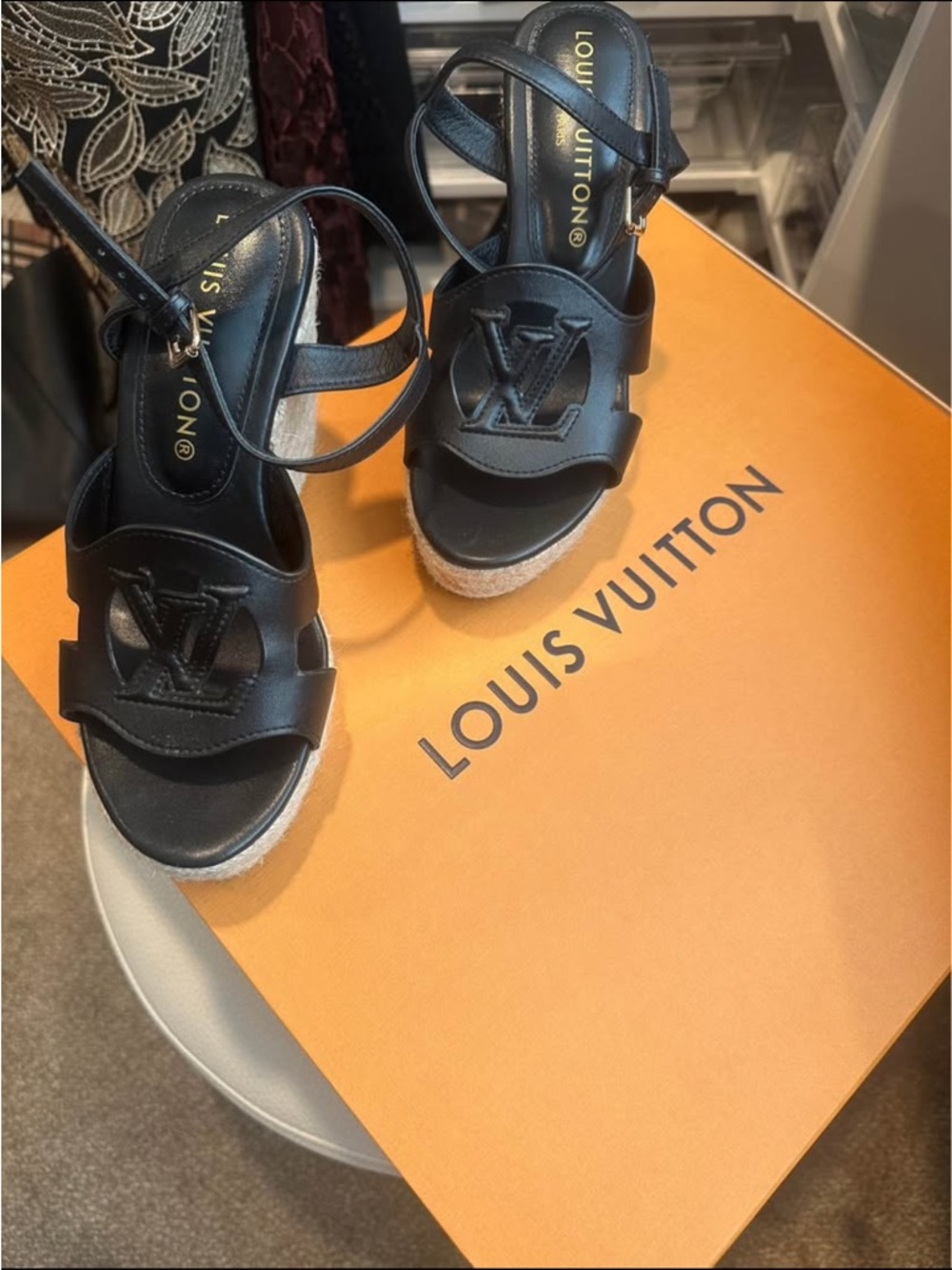 Louis Vuitton Black Leather LV Isola Espadrille Wedge Sandals
